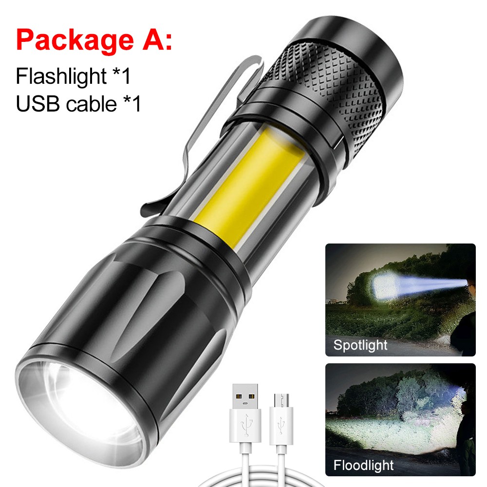 2pcs Mini LED Flashlight COB Side Light Zoomable USB Rechargeable Portable Torch