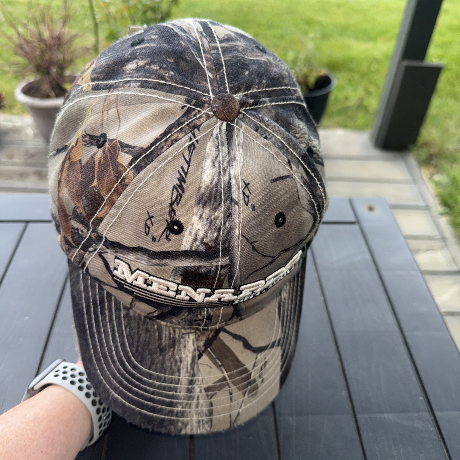 Menards Est 1960 Camouflage w white black hat Cap Hook Loop EUC