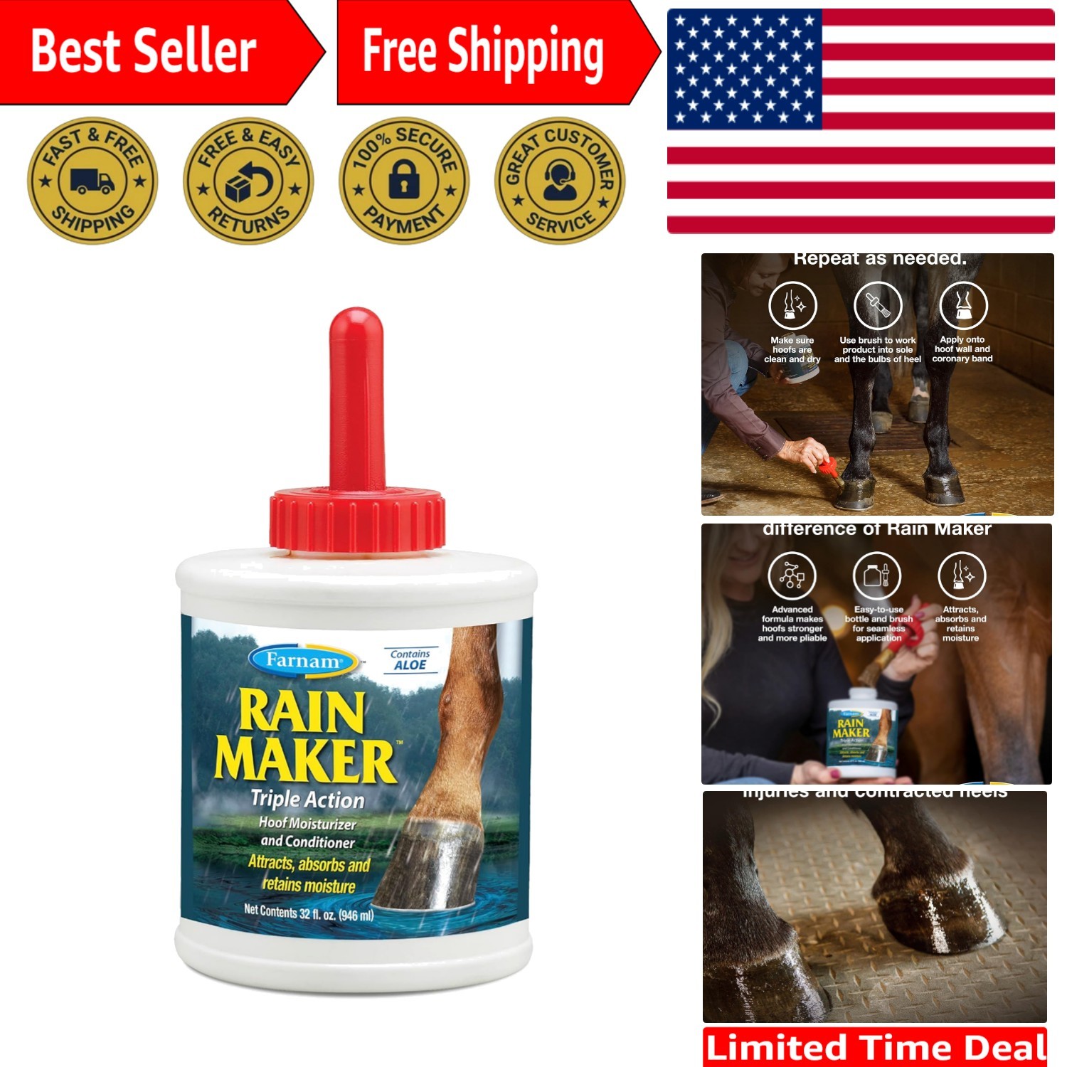 Horse Hoof Oil - Rain Maker 32oz Triple Action Moisturizer for Healthy Hooves
