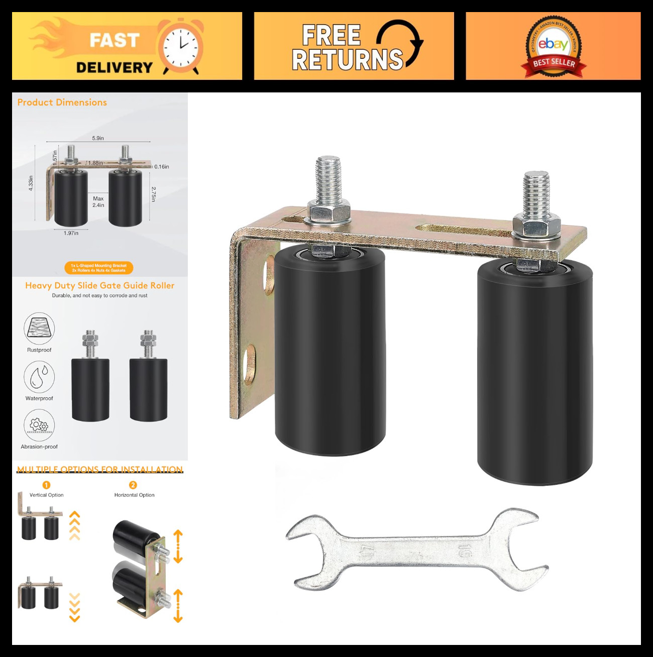 Universal Adjustable Sliding Gate Roller Guide Kit - Heavy Duty Hardware & Brack