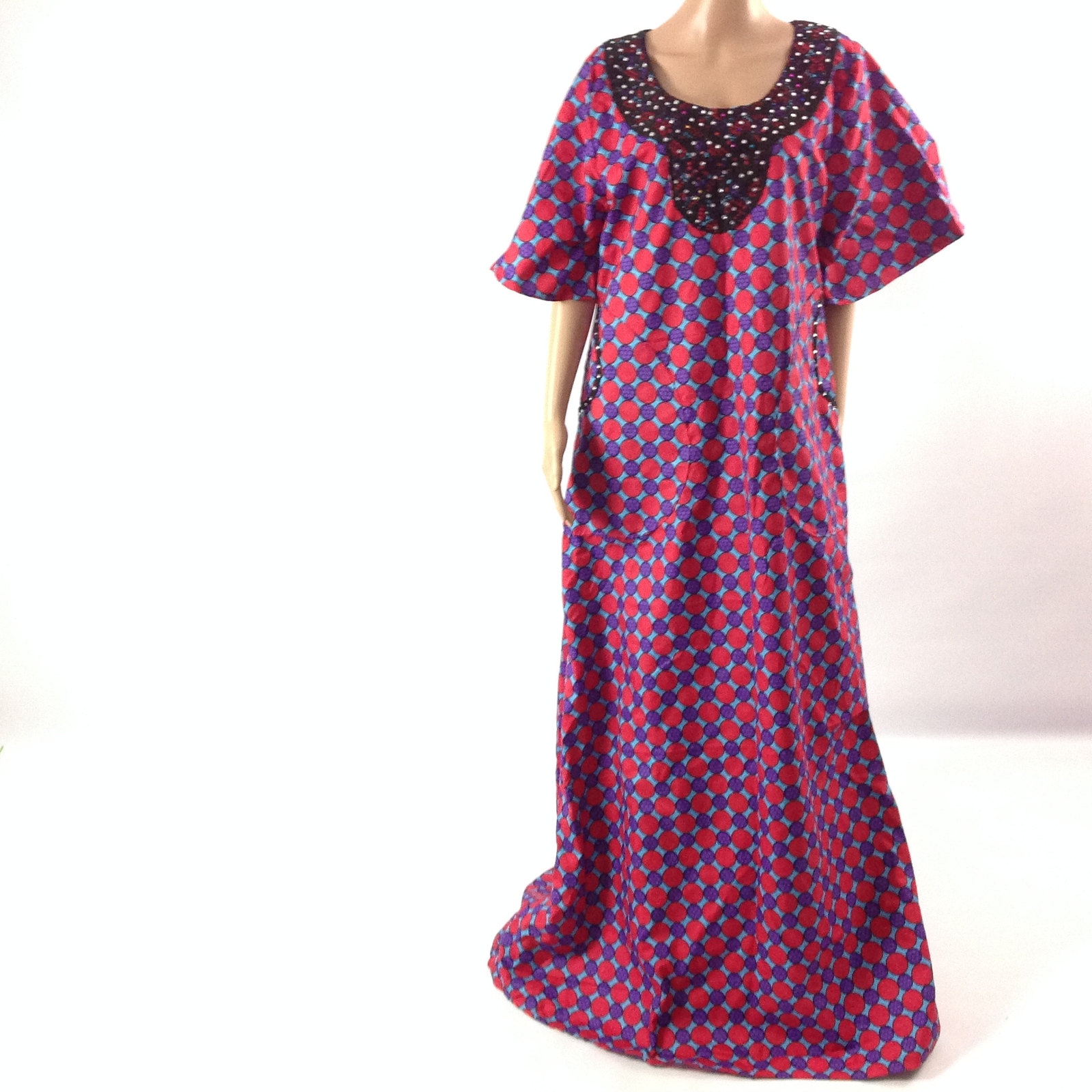 Women Kaftan Dress African Print Ankara Short Sleeve Pink With Scarf Wrap Maxi L