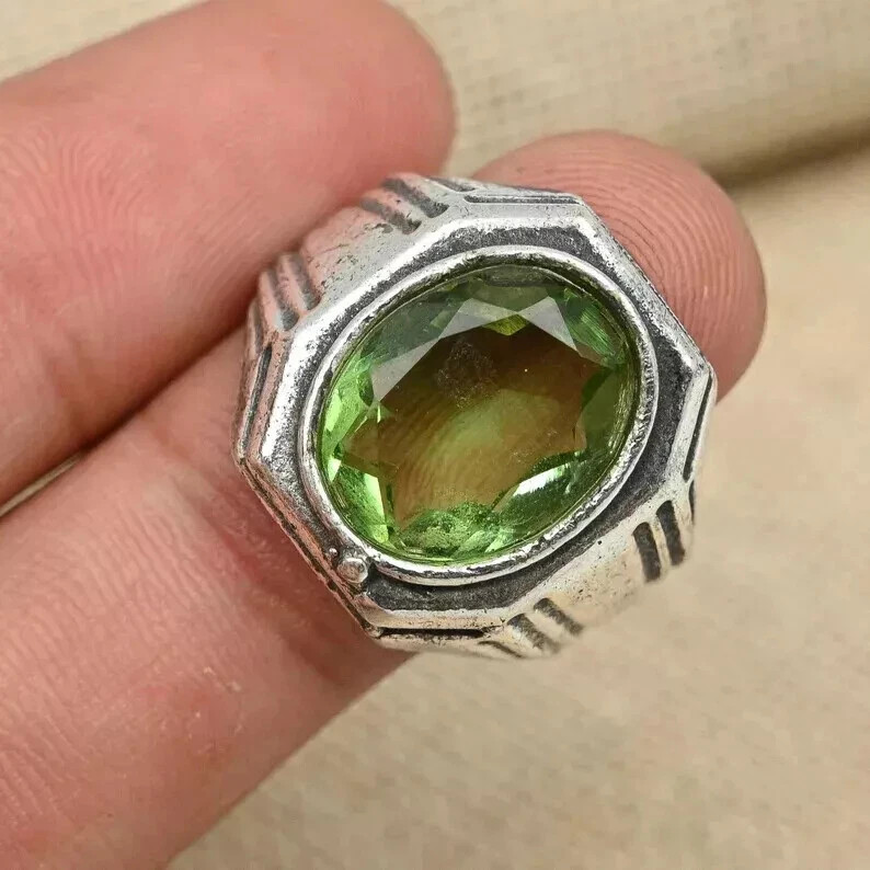 Solid 925 Sterling Silver Peridot Gemstone Ring Men's Beautiful Ring Al Size S13