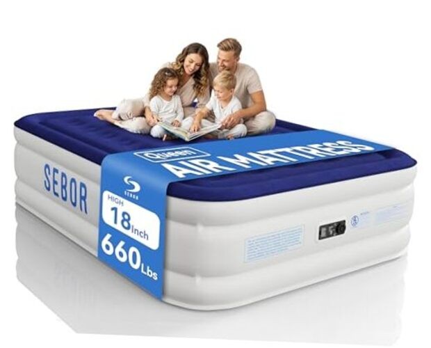 Air Mattress with Built-in Pump 18", Comfortable Self Queen Blue White