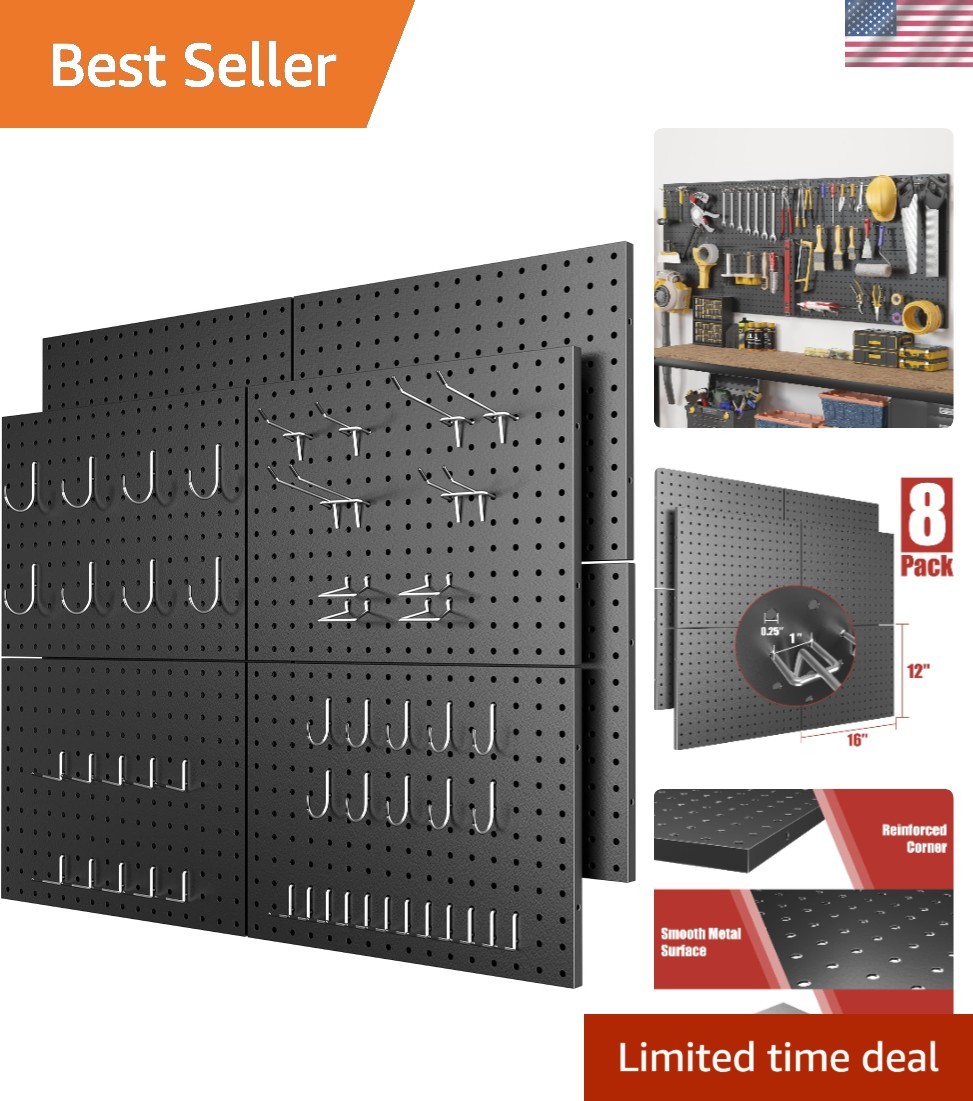 8-Pack Black Steel Pegboards with Hooks - Perfect for Garage & Workshop Storage