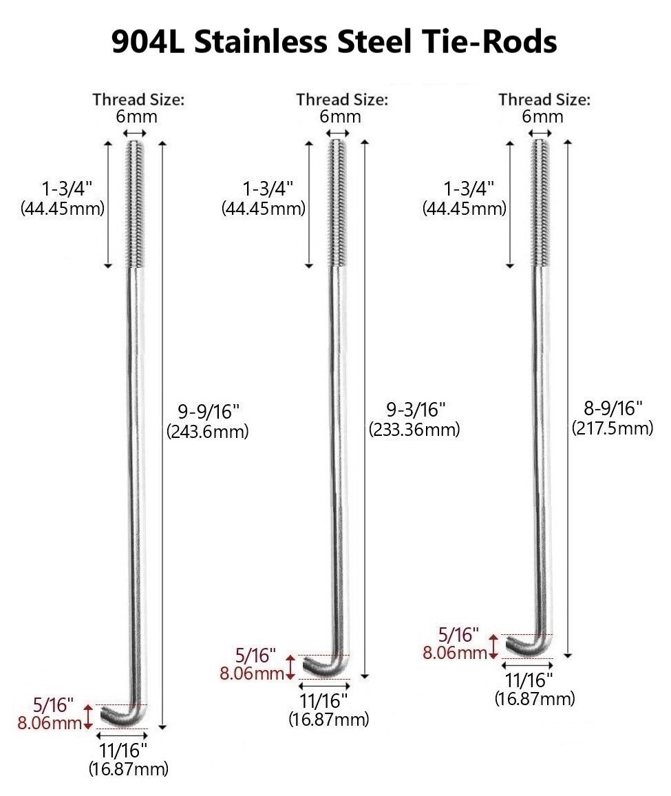 904L STAINLESS STEEL 6mm M6 AUTO BATTERY TIE-DOWN J-HOOK HOOK BOLT RODS (2PCS)