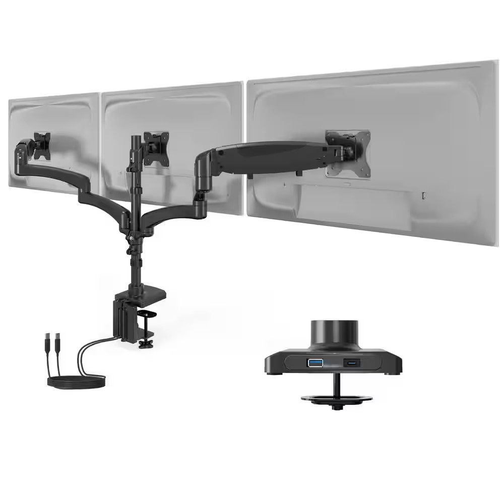Triple Monitor Mount with Gas Spring Arms and USB Ports for 13 In. to 32 In. Mon
