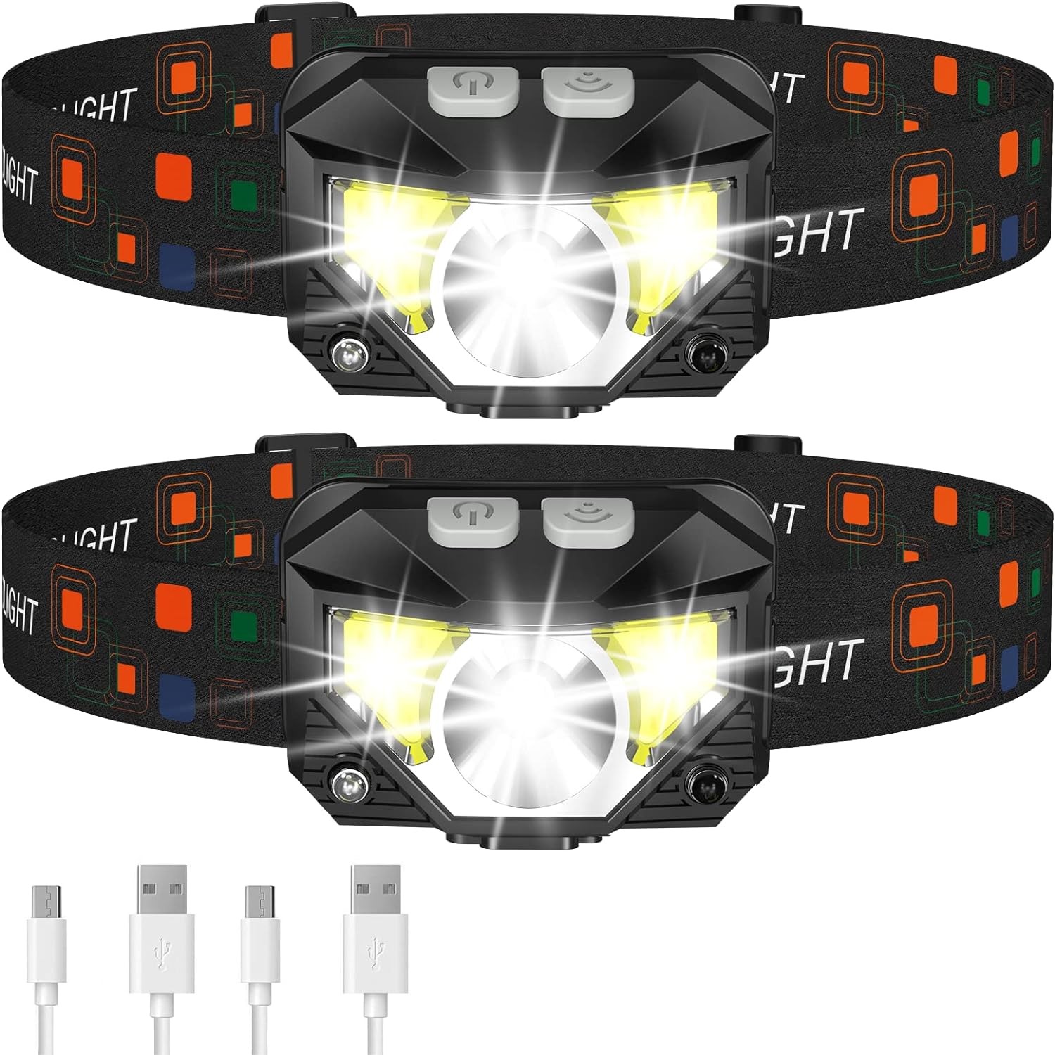 LHKNL LED Rechargeable Headlamp Flashlight Waterproof Motion Sensor 2 Pack