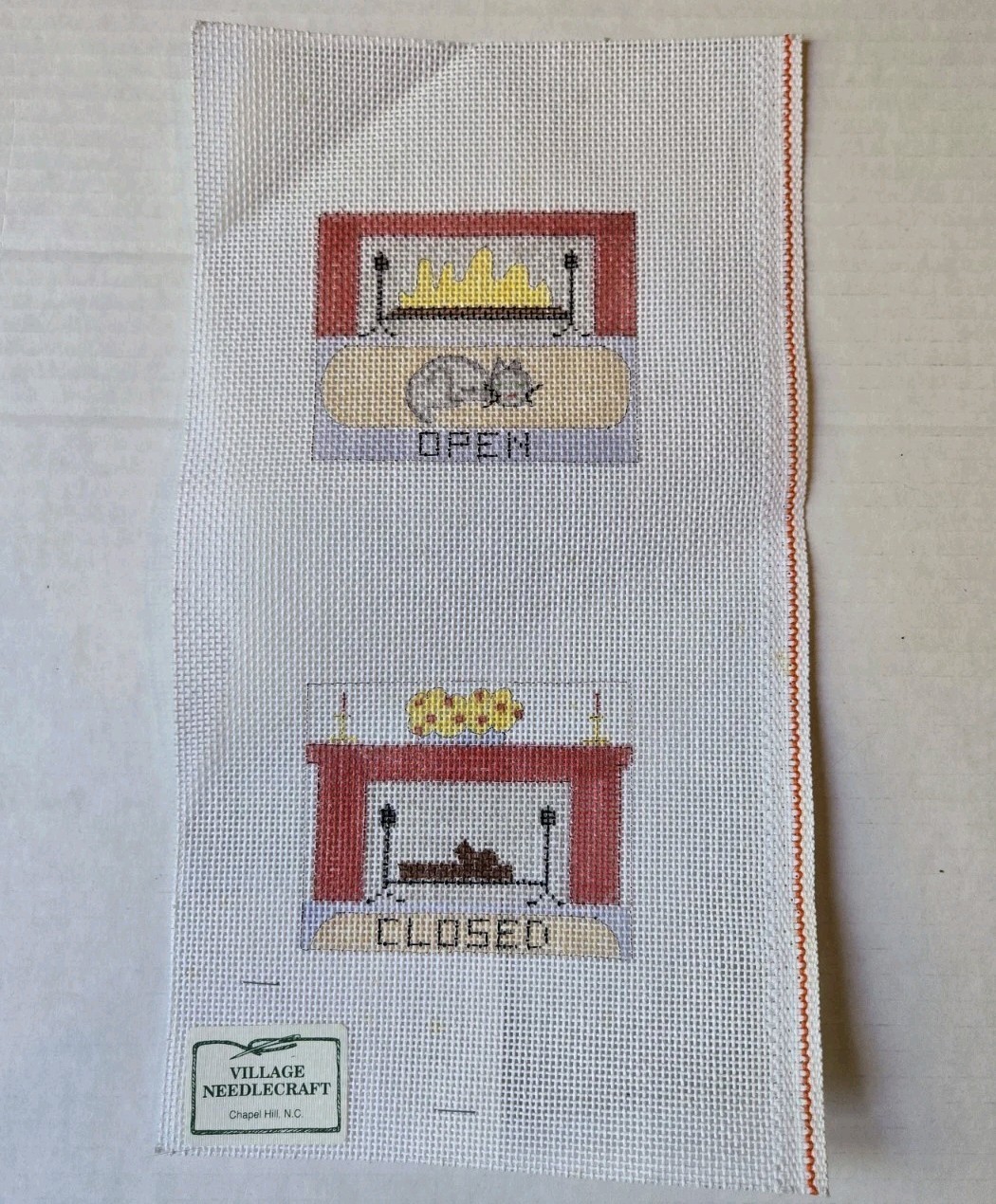 Village Needlecraft Needlepoint Canvas Open Closed Fireplace Sign Hand Painted