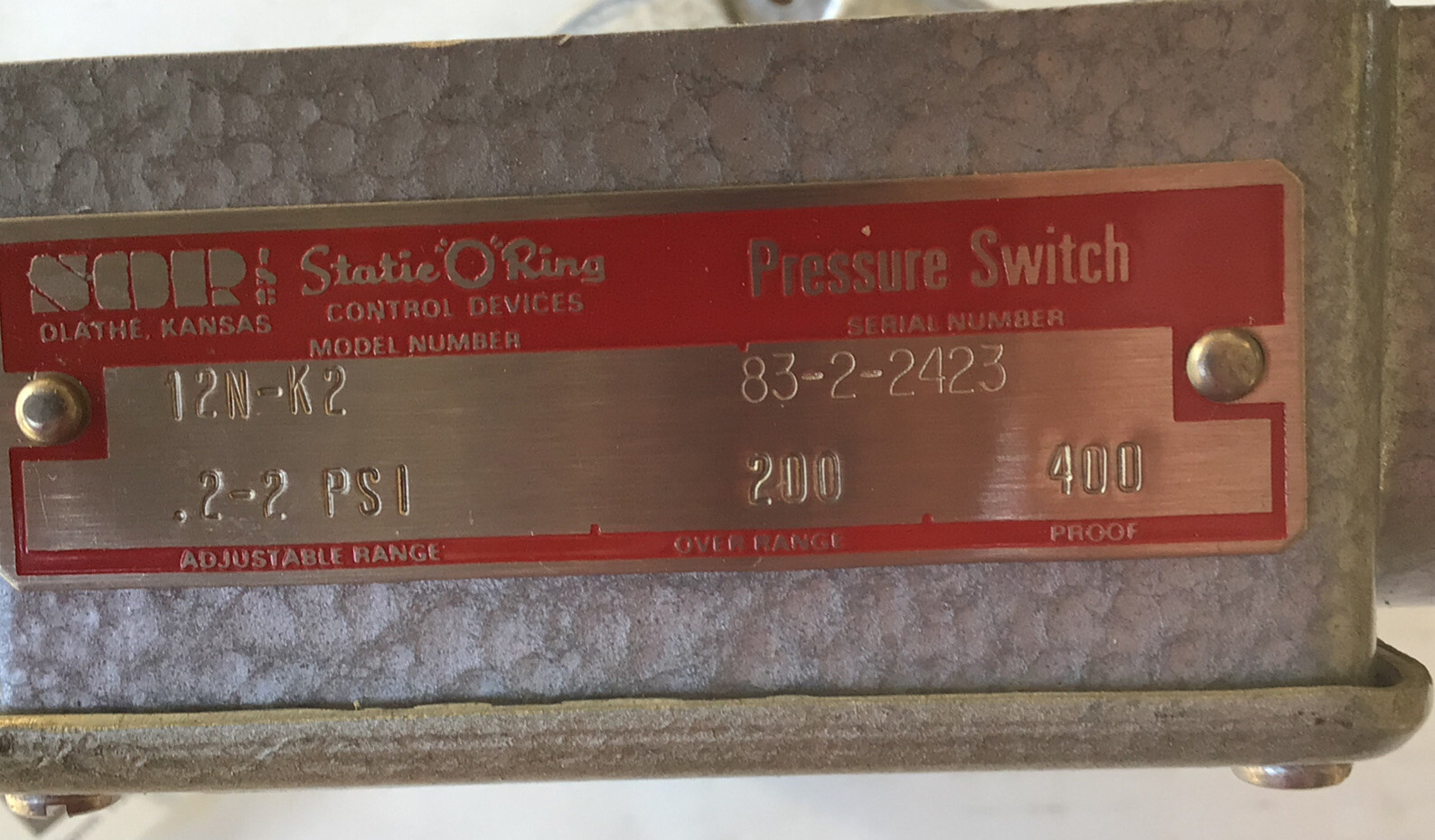 SOR Controls Devices Pressure Switch 12N-K2