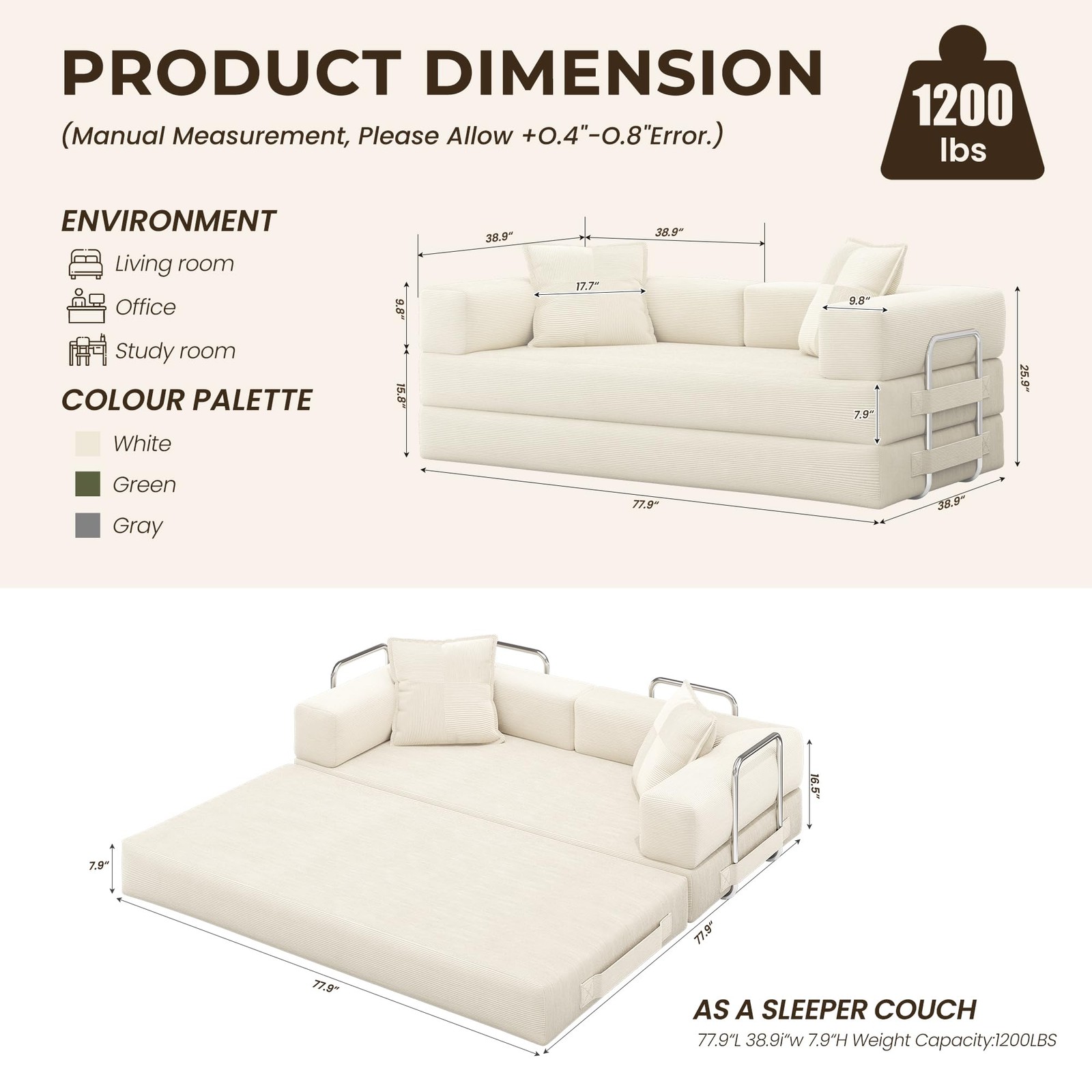 Convertible 78 Inch Folding Futon Sleeper Sofa Bed with Fixed-Shape Frame
