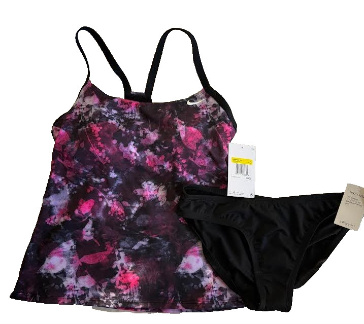 NWT Nike Swim Racerback Tankini 2 pc pink Black Swimsuit Women's S New Small