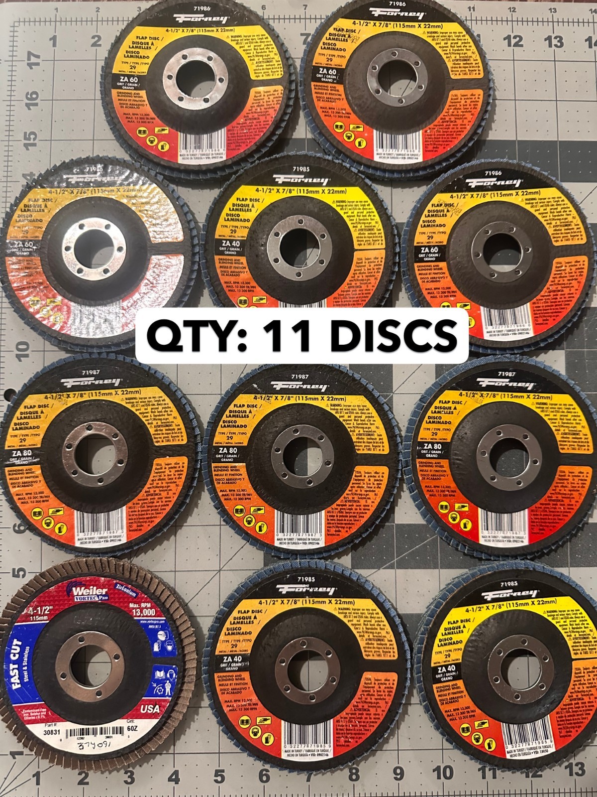 BULK 11-PACK lot Forney 4-1/2"  X 7/8" Zirconia Aluminum Oxide Flap Disc 80 Grit
