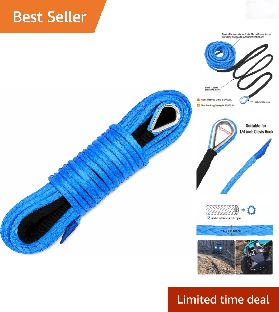 1/4 Inch x 50 Feet Synthetic Winch Rope 10,000LB for ATV UTV Blue