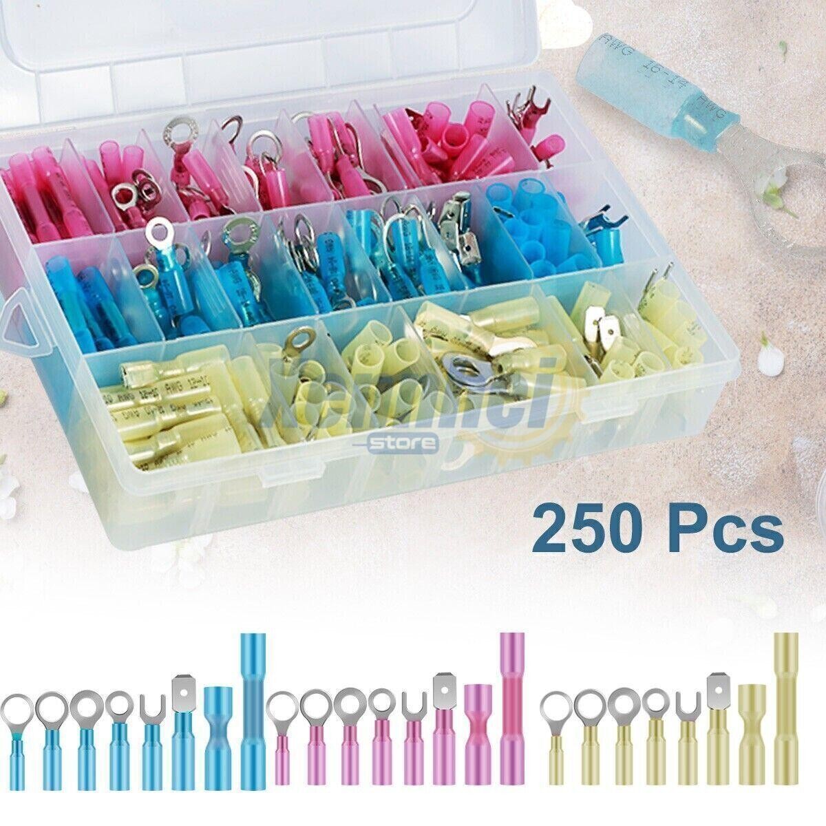 250PC Heat Shrink Wire Connectors Electrical Ring Fork Spade Crimp Terminals Kit