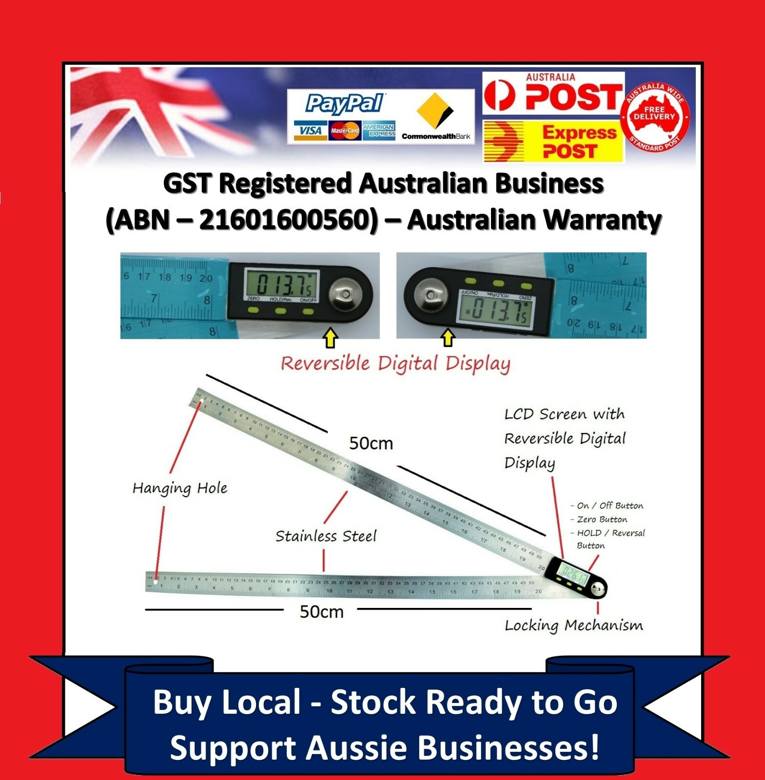 1000mm Digital Angle Finder Meter Protractor Goniometer Ruler 360° Measurer CY