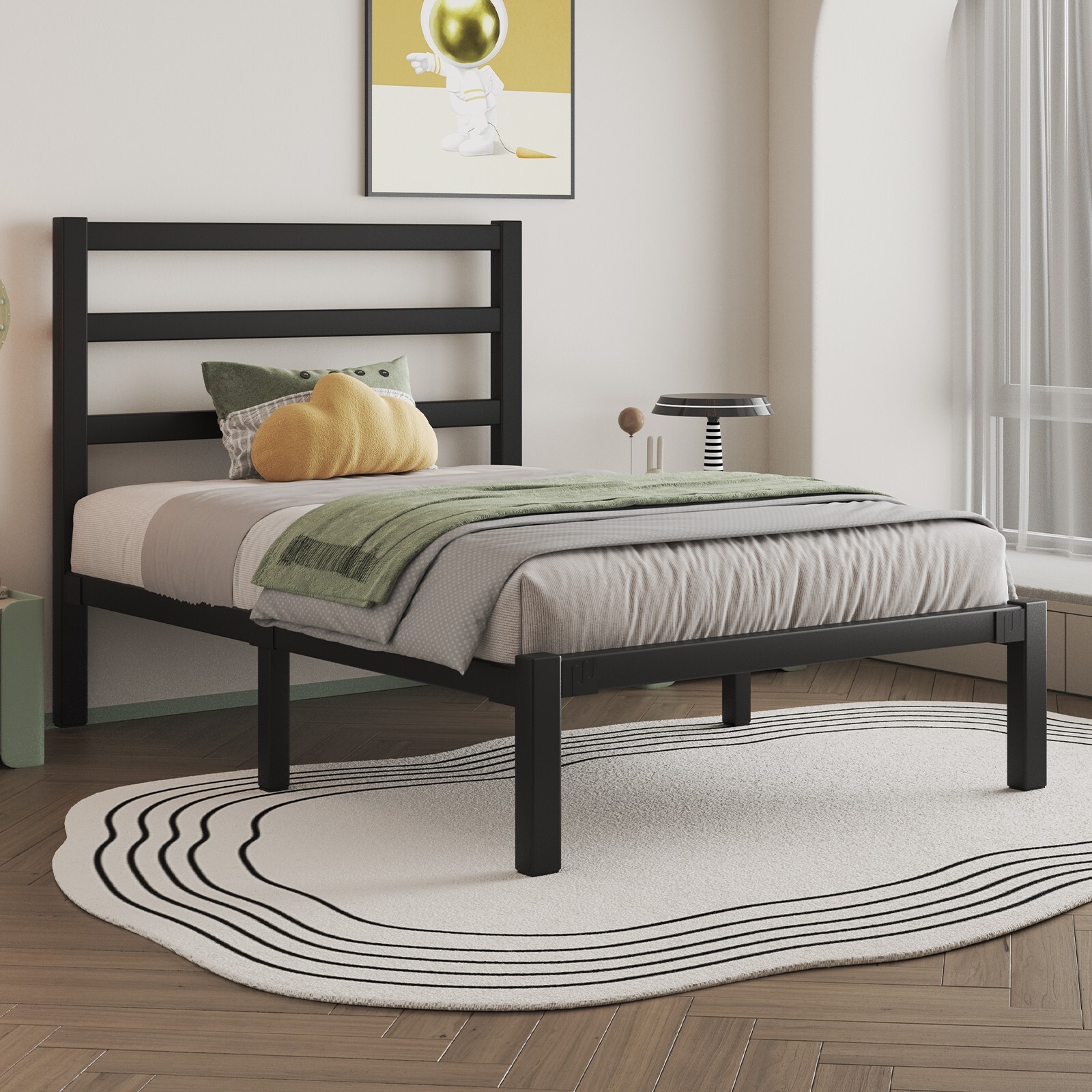 Twin Size Bed Frame with Headboard Strong Metal Slats Support