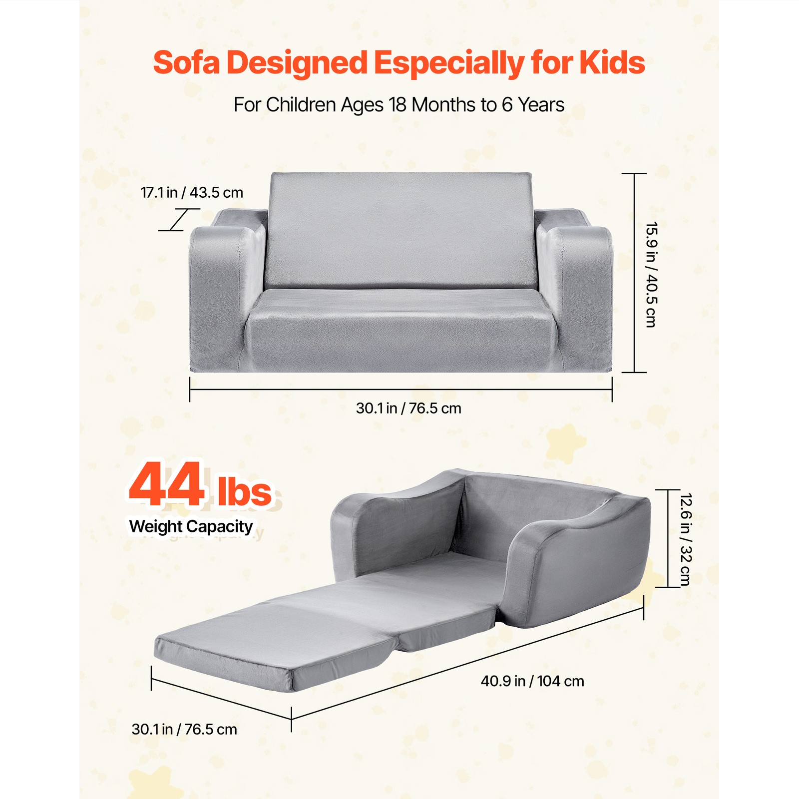 Uimoso 2-in-1 Kids Sofa Convertible Couch with Armrests, Gray Baby Toddler Chair