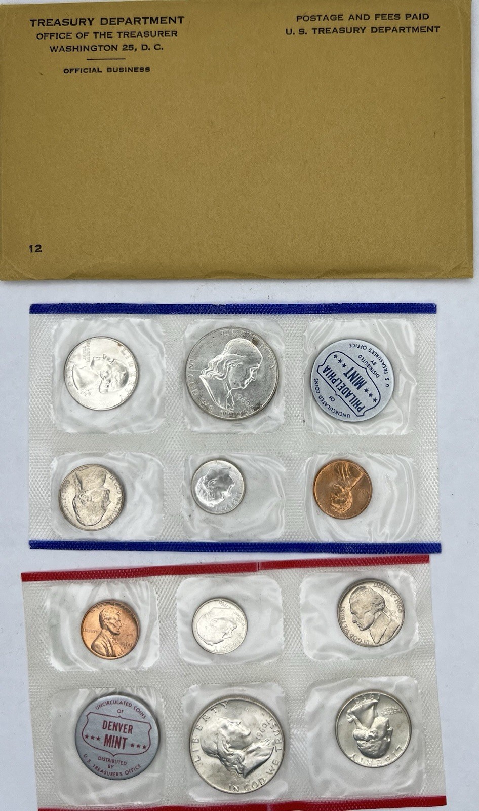 1960 P & D US Mint Set Uncirculated 10 Coins 90% Silver Original Envelope!