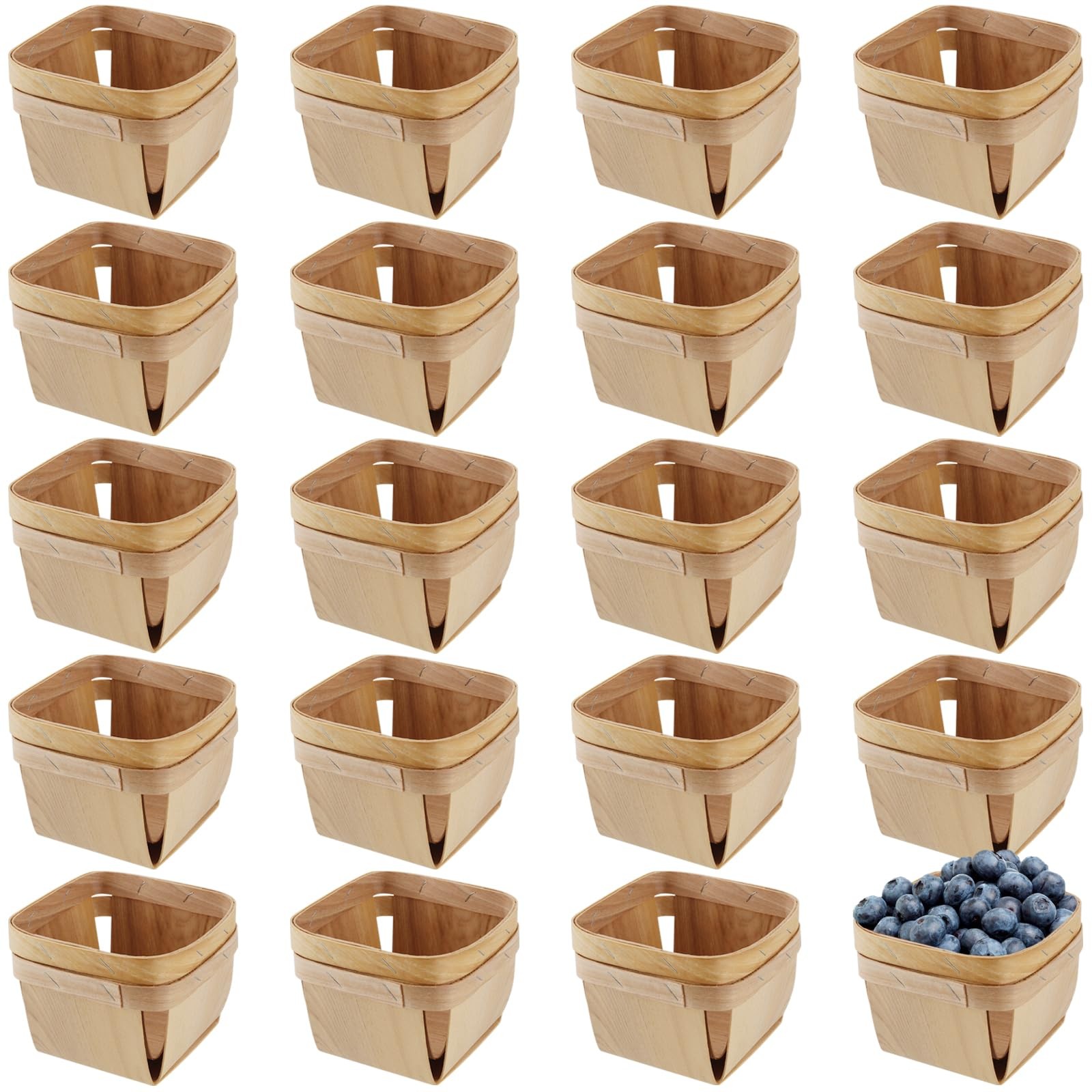 20 Pack 4x4 Inch Berry Baskets, One Pint Square Wooden Berry Baskets, Wooden ...