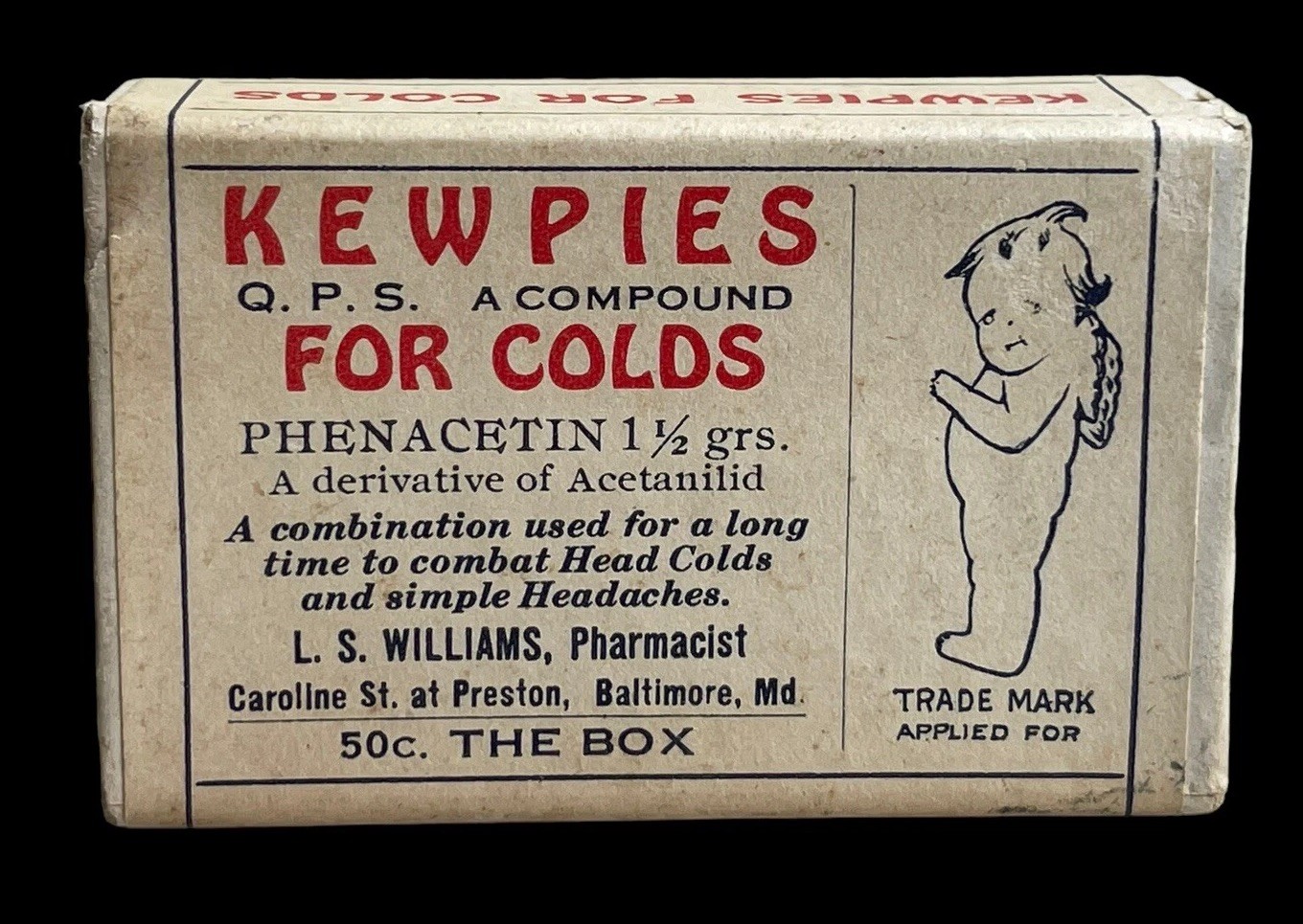 1930's Kewpies For Colds Pharmacy Headache Medicine Box L.S. Williams