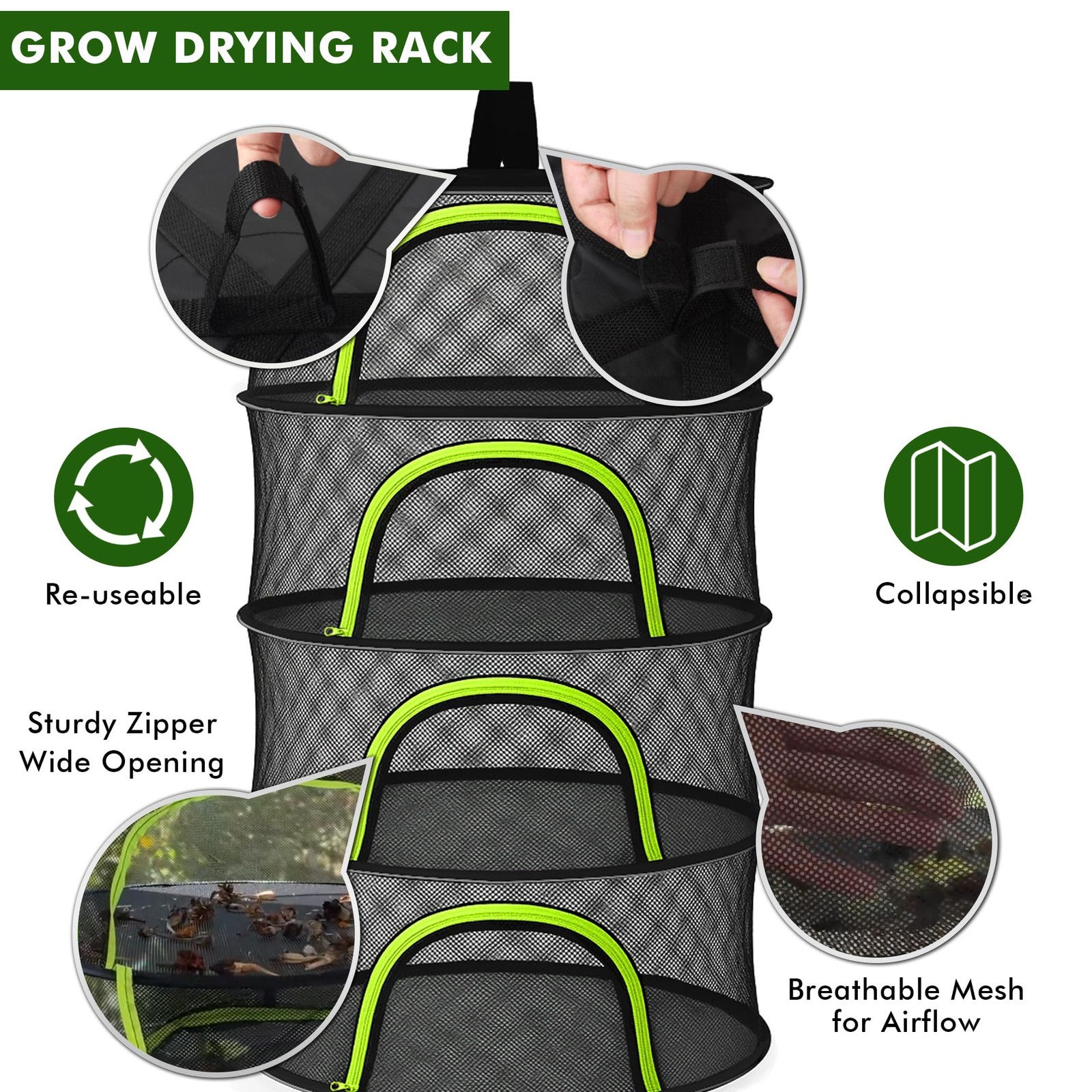 Herb Drying Rack Hanging Mesh 4 Layer 24" with Zipper, Garden Pruning Shear,Hook