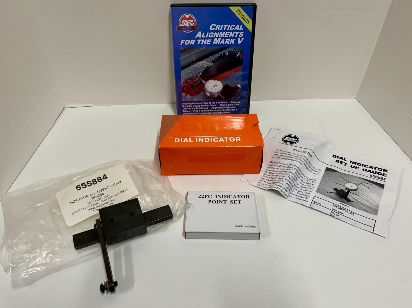 NEW Shopsmith Mark V Critical Alignment Kit 555884 Dial Indicator 22pc Point DVD