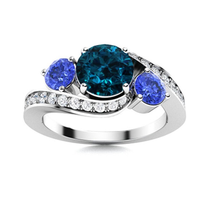 London Blue Topaz & Tanzanite 5MM Round 925 Sterling Silver Three Stone Ring