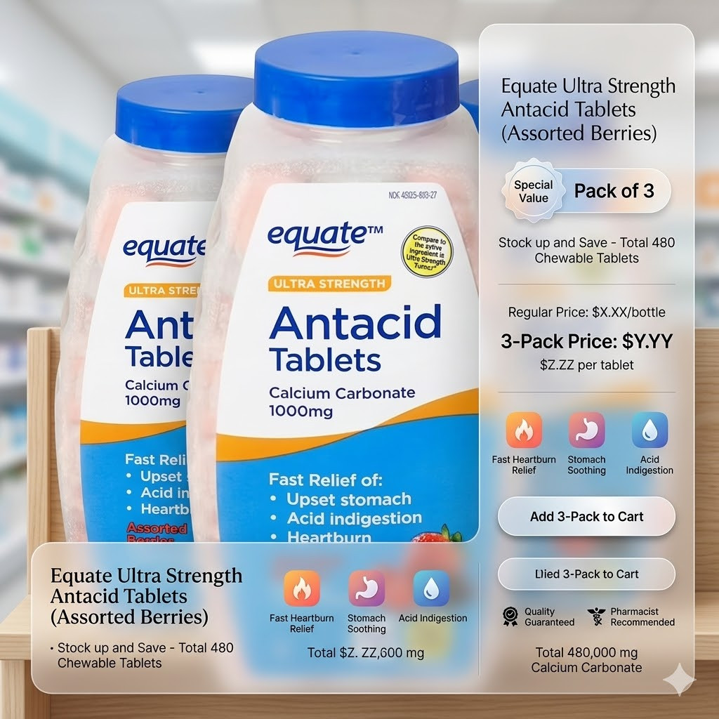 Equate Ultra-Strength Antacid Tablets, 1000 mg, Assorted Berries, 160 CT x 3 PK