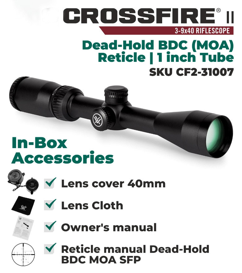Vortex Crossfire II 3-9x40 Scope Dead-Hold BDC MOA Reticle CF2-31007