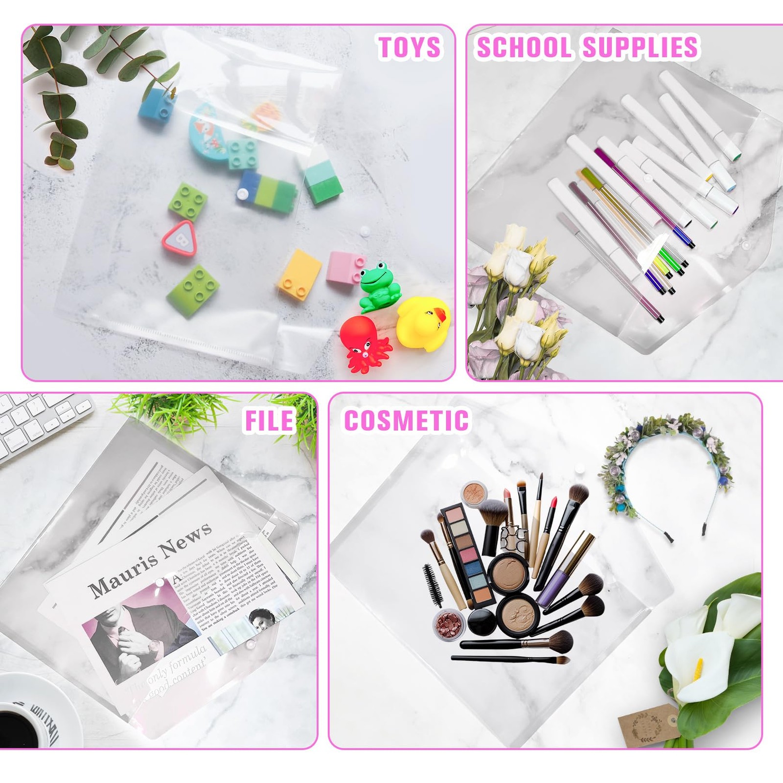 12pcs Plastic Filing Envelopes with Snap Button Closure ，Clear Document White