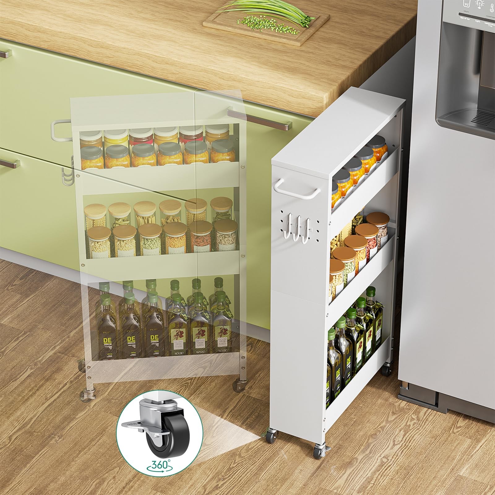 4 Tier Rolling Kitchen Storage Cart 5.9in Width White Carts Slim Wheels Small