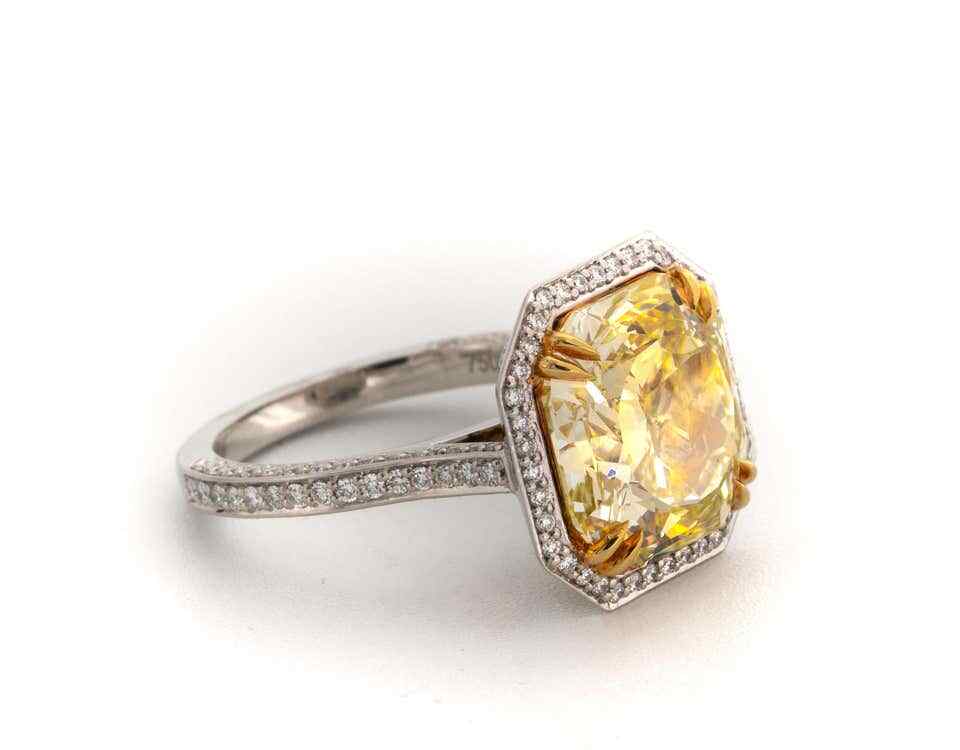 8.13CT Fancy Yellow Radiant Cut Citrine With 1.03CT Shiny CZ Halo Wedding Ring