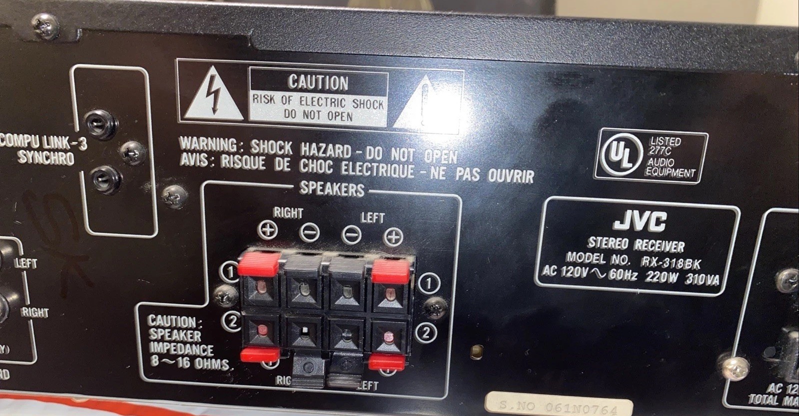 JVC RX-318BK Stereo receiver No Remote Untested Turns On