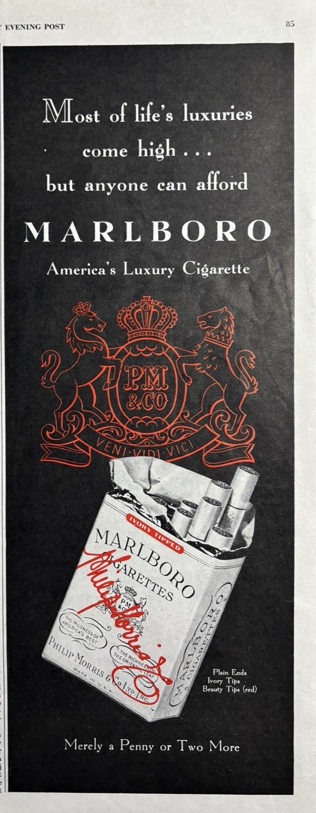 1949 Marlboro Cigarettes Americas Luxury Smoke Tobacco Ivory Tip VTG Print Ad