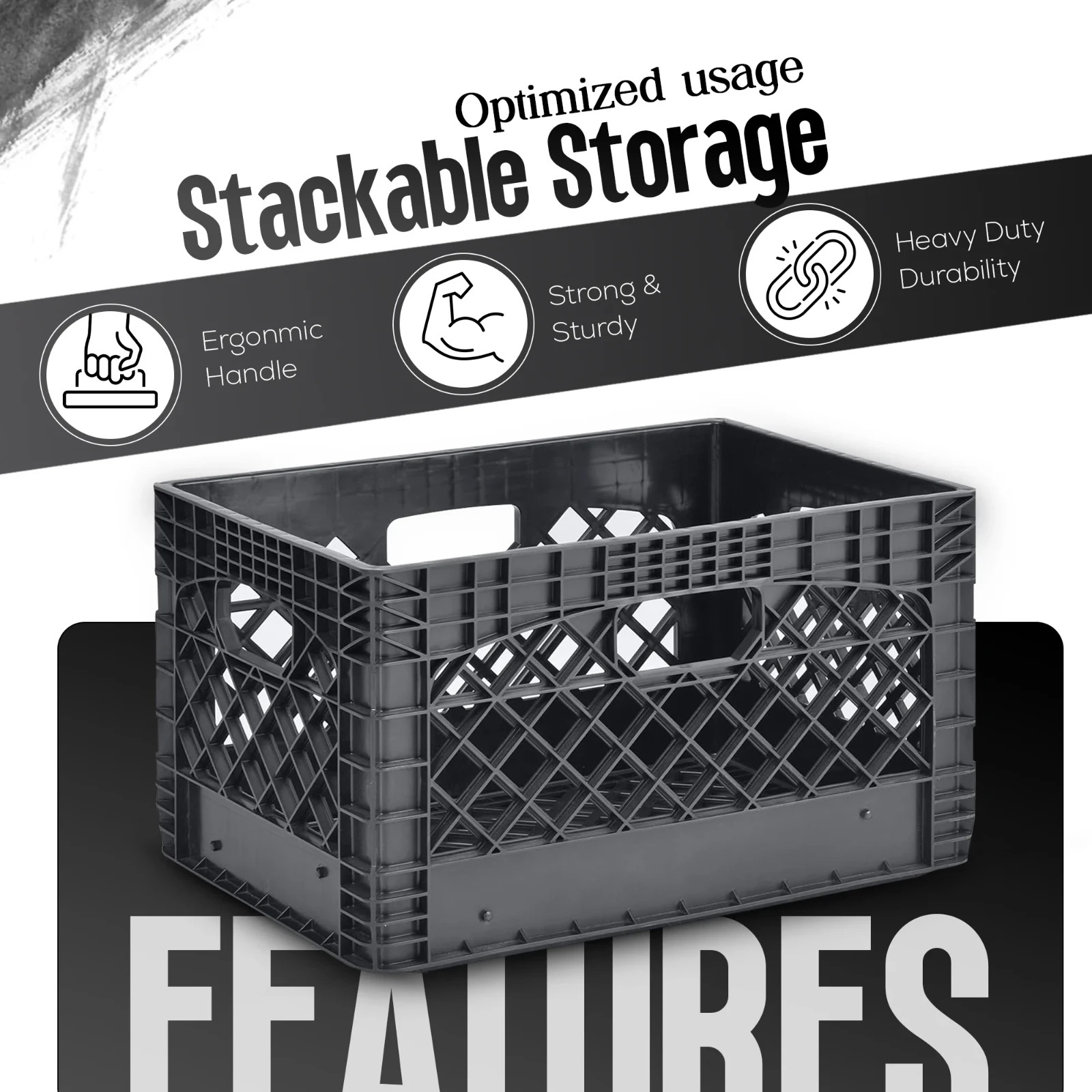 PLASTIC Milk Crate Heavy Duty Storage Bin Stackable 24QT Black