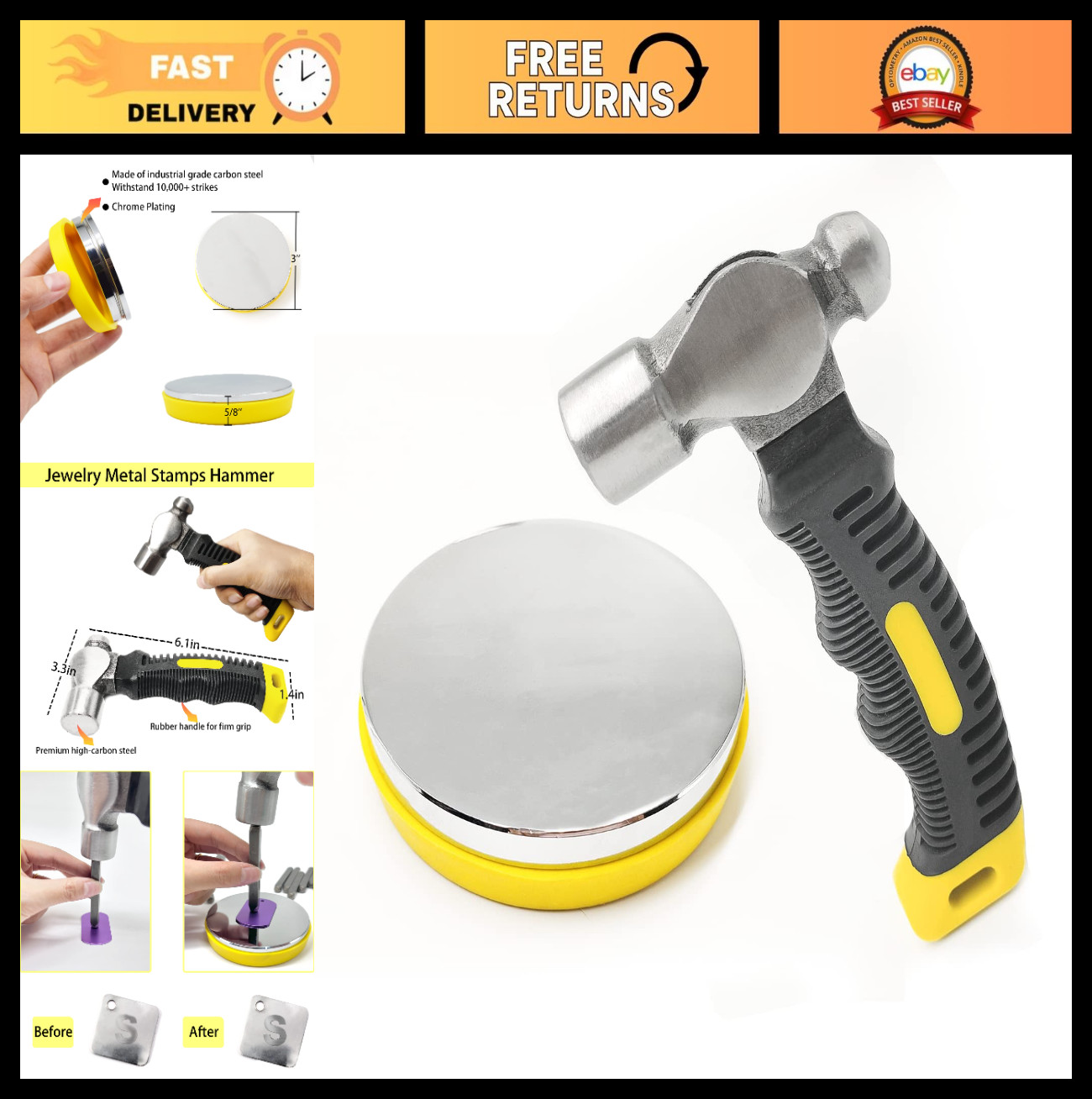 Metal Stamping Hammer & No-Rebound Steel Bench Block Kit for Jewelry Making