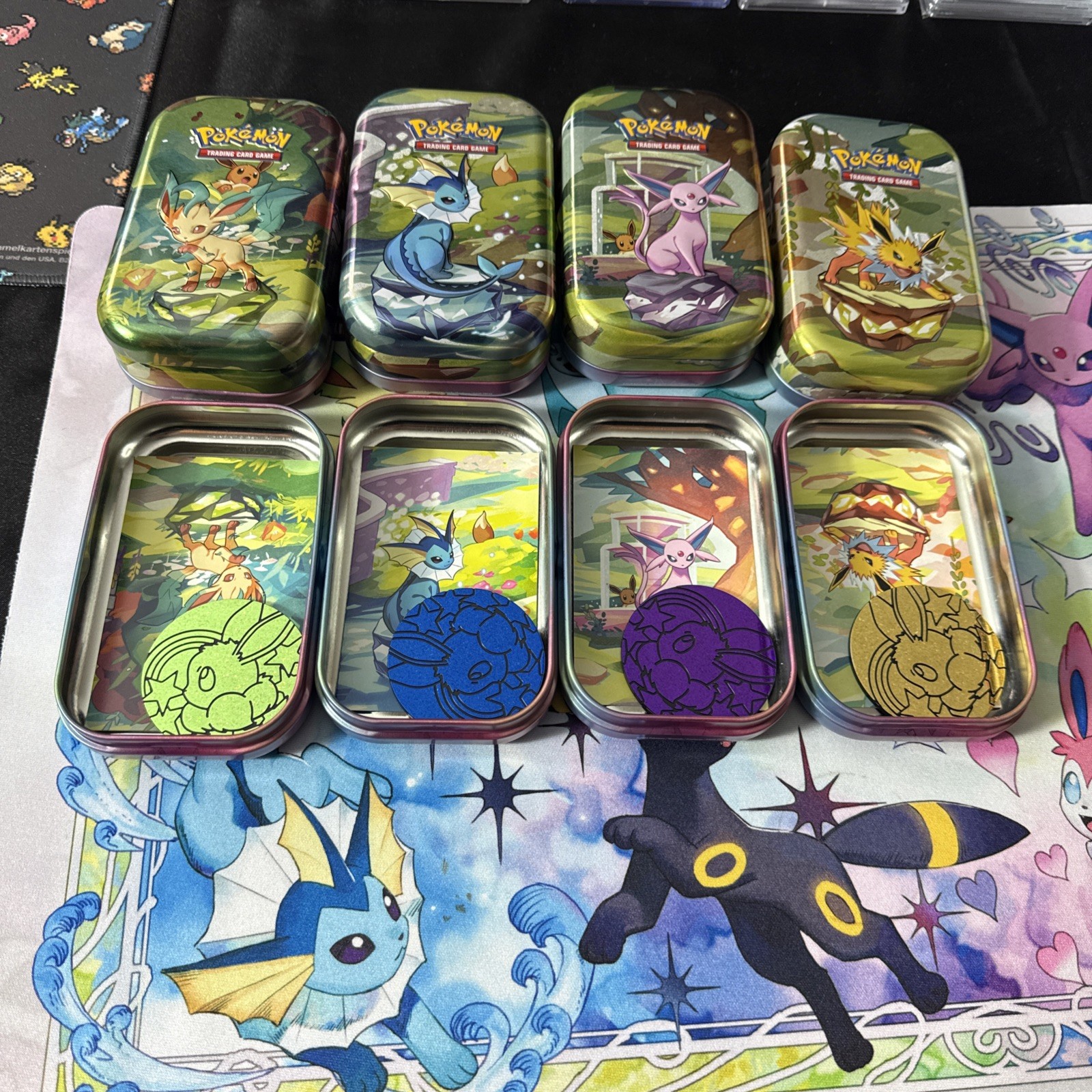 Set of 8 Prismatic Evolutions EMPTY Mini Tins With Pokemon Art Cards And Coins