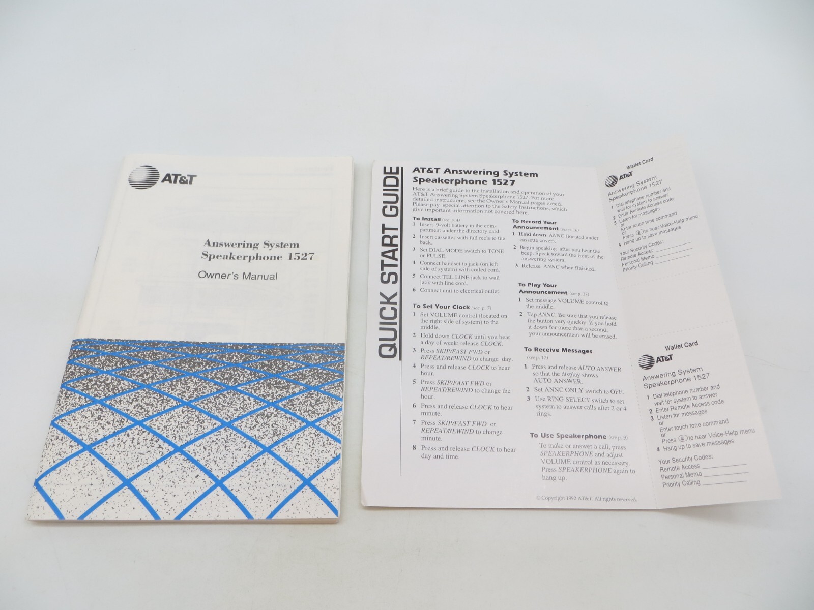 AT&T Answering System Speakerphone 1527 Owners Manual 1992