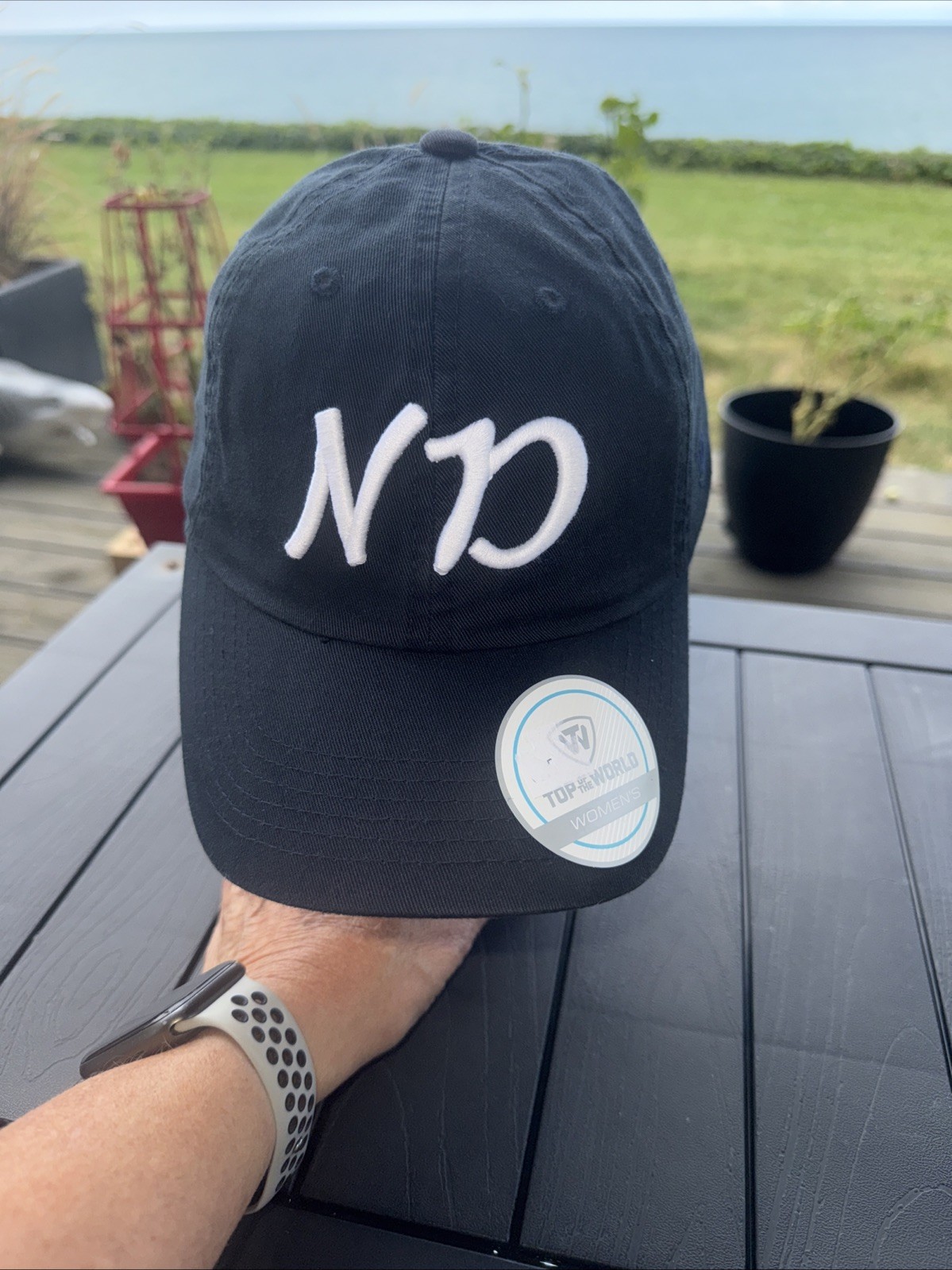 Notre Dame Women’s Hat Cap w White Script ND on Navy Cotton Strap Buckle