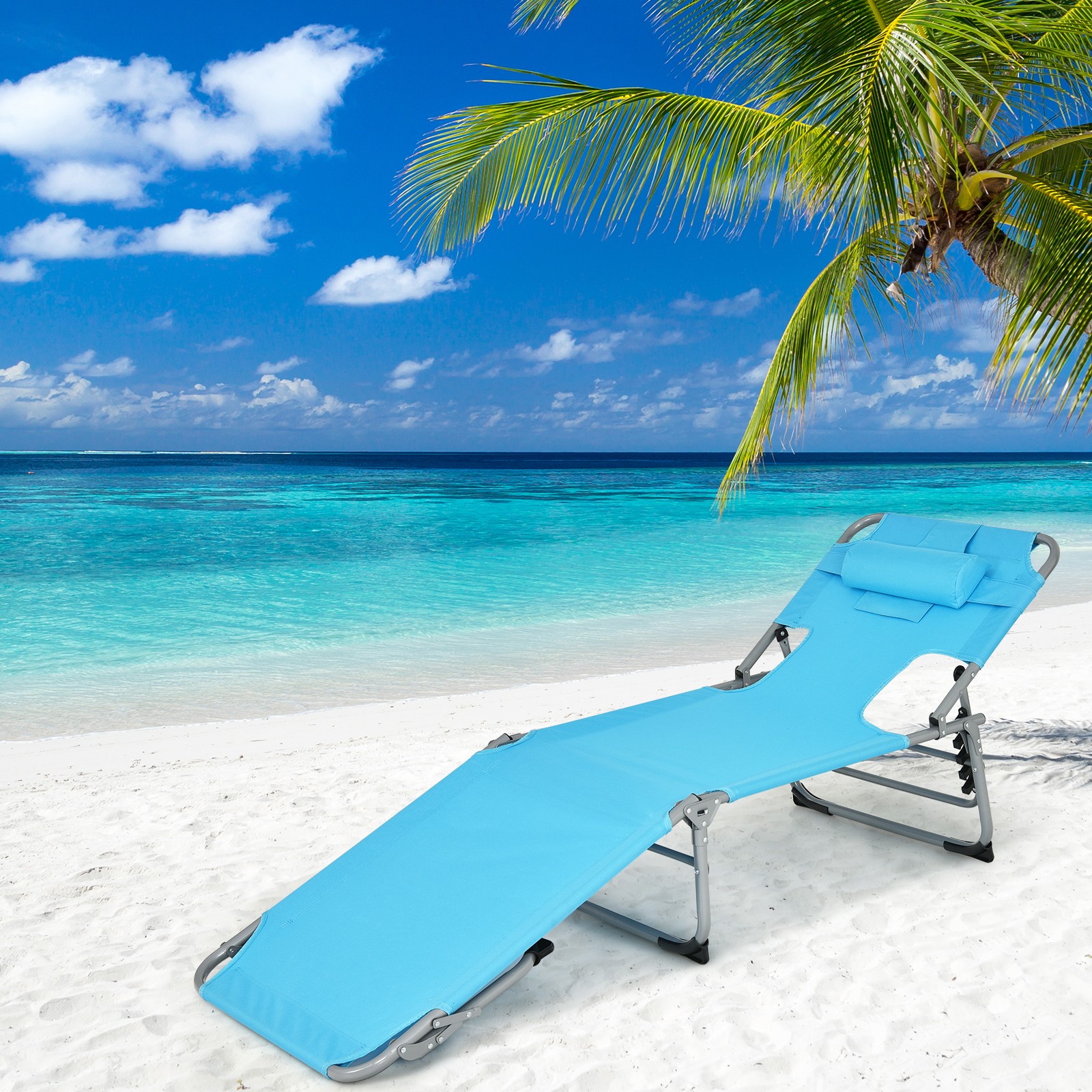 Costway Outdoor Beach Lounge Chair Folding Chaise Lounge with Pillow Turquoise