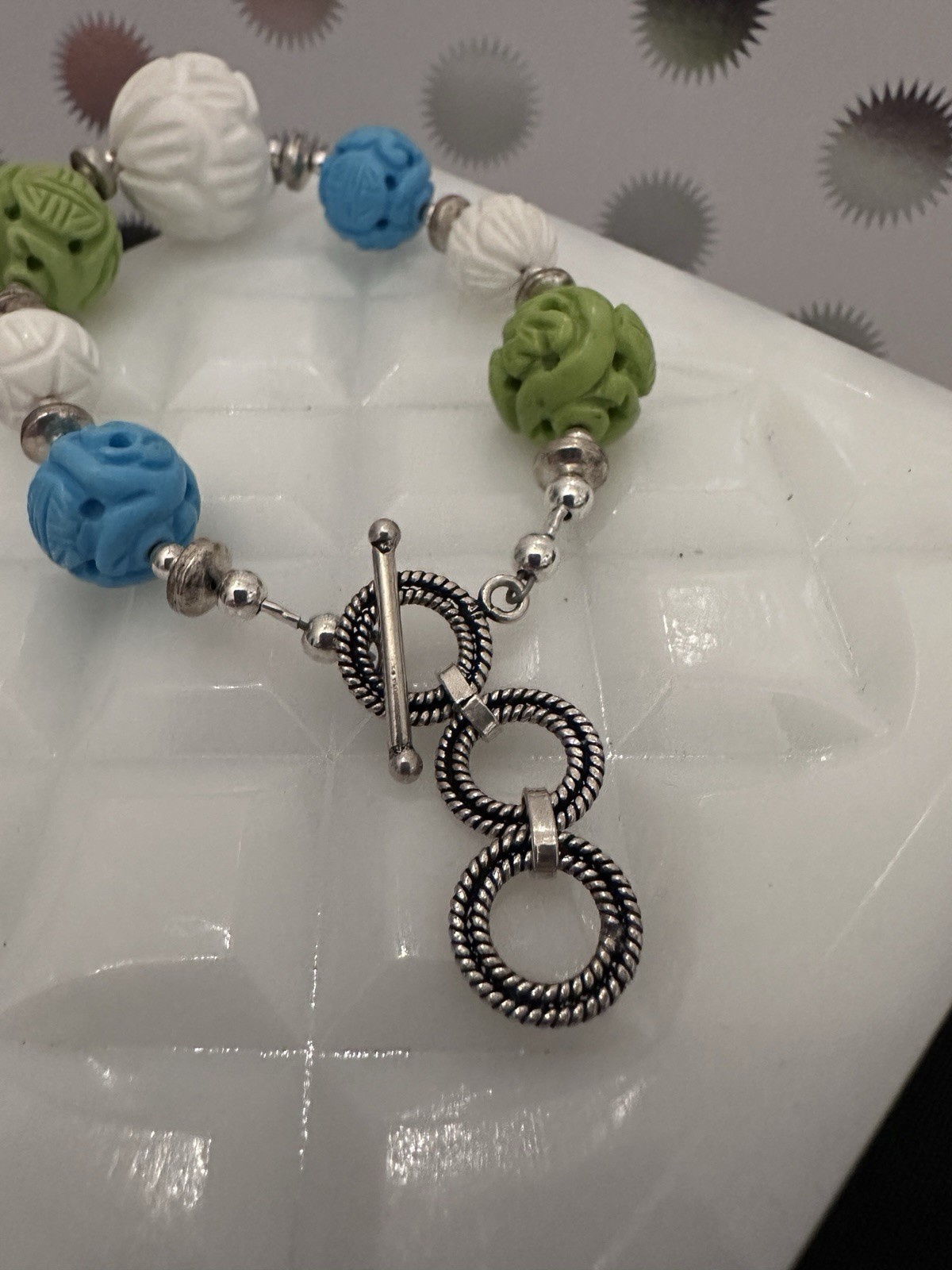 Multi Color Carved Bead Bracelet