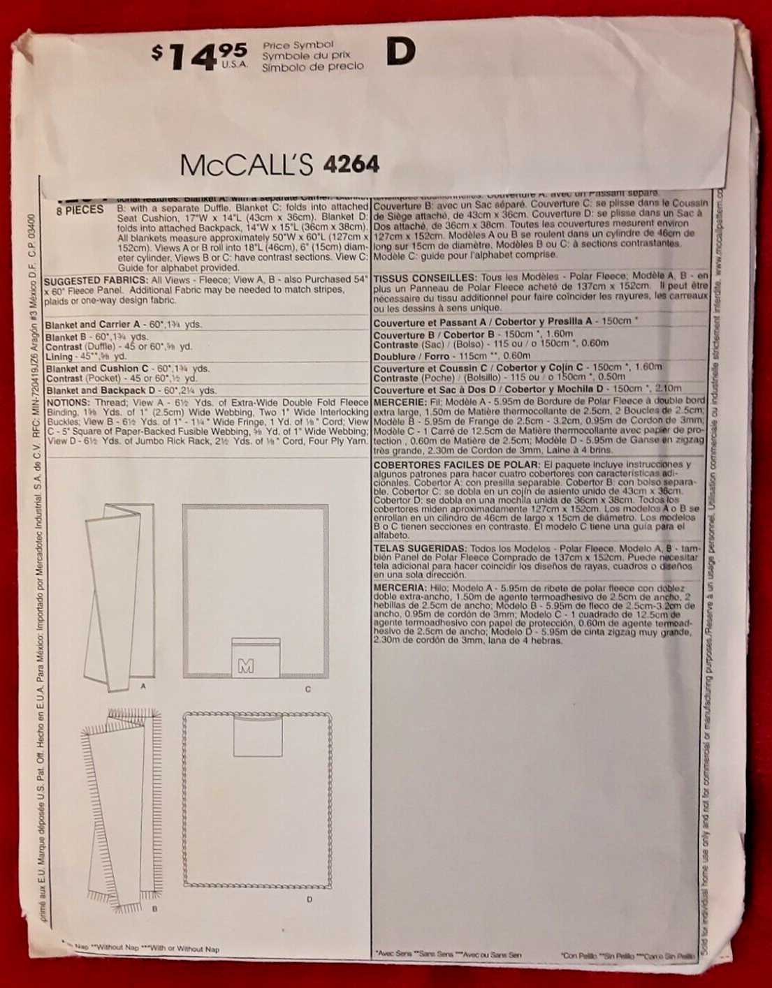 McCall's Pattern 4264 Easy Fleece Blanket Sewing Craft Project (H)