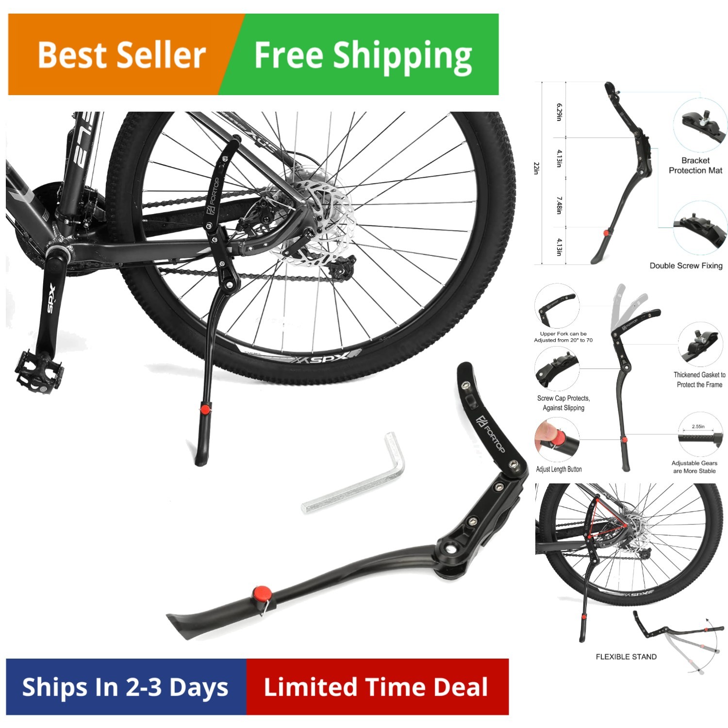 Bike Kickstand for Adult Bikes, Heavy Duty Adjustable Bicycle Kickstand, Fits...