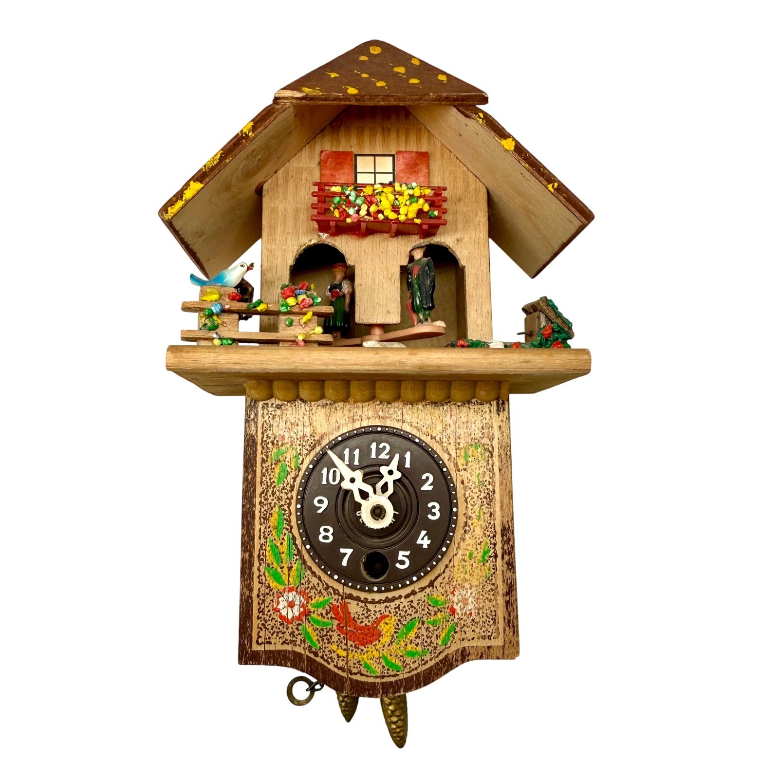 Vintage Western Germany Weather House Clock Hand Painted Wood Alpine Folk Art