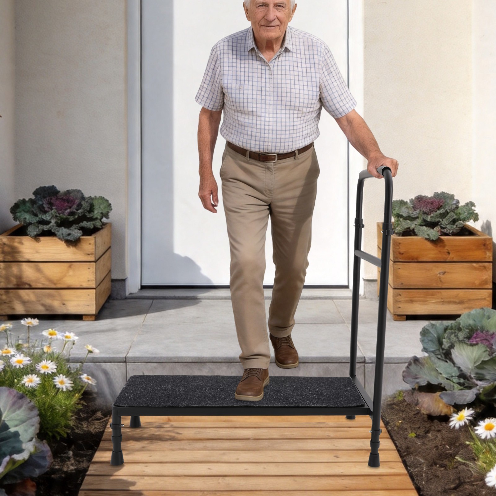 Bedside Step Stool Large Adjustable Height with Stable Assist Rail Bed Step