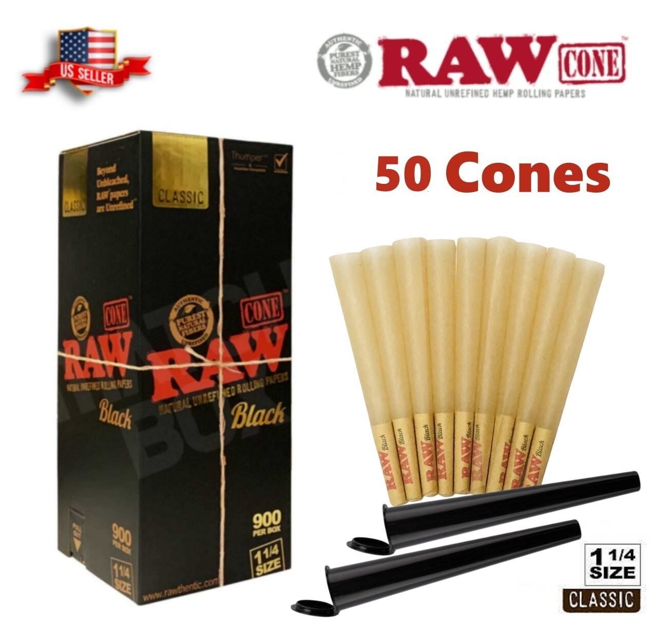 Authentic RAW Black 1 1/4 Size Pre-Rolled Cone 50 Pack & Free Lighter