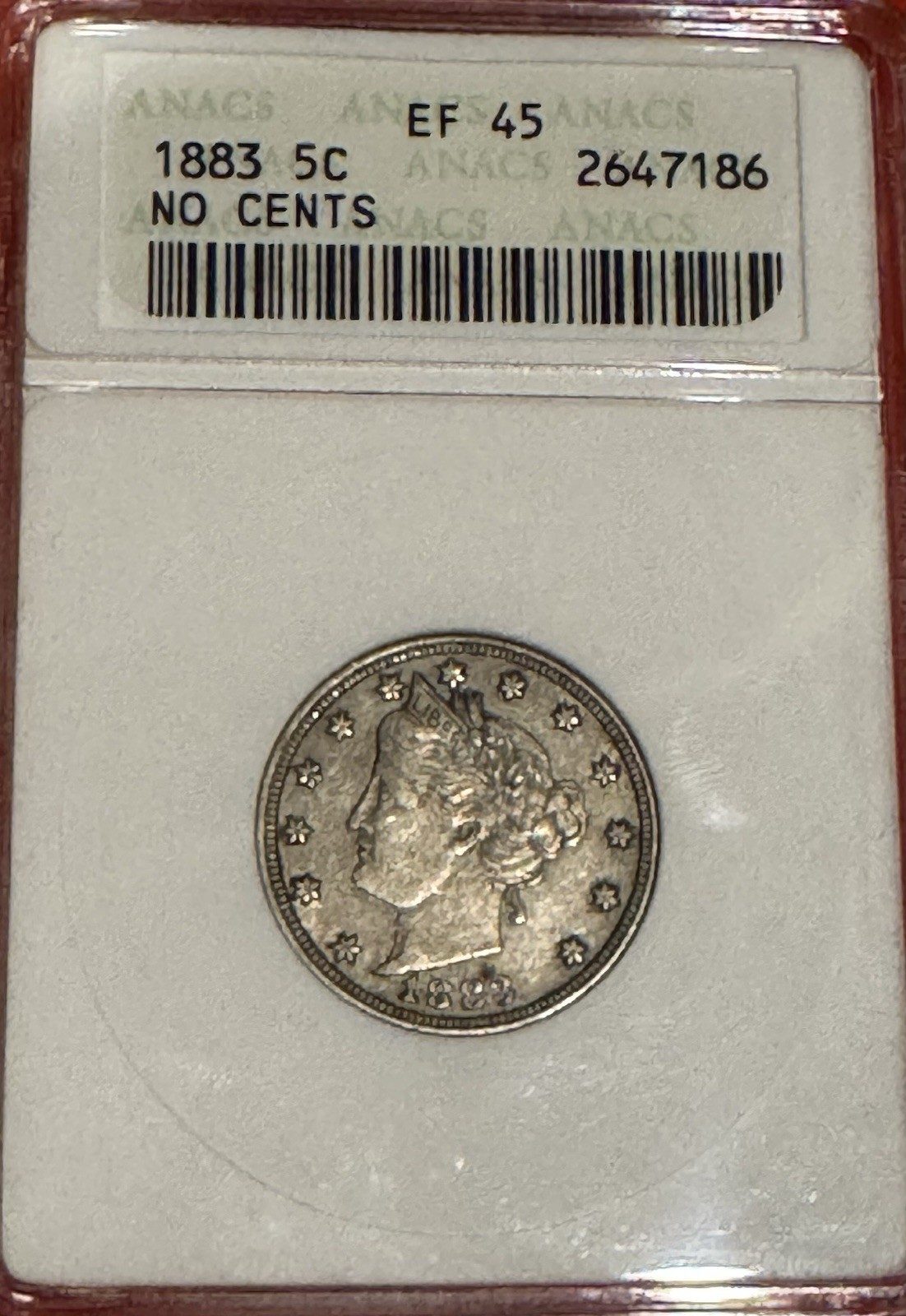Catchy 1883 Liberty "V" No Cents 5c Nickel EF45 | Rare ANACS Old Soapbox Slab xf