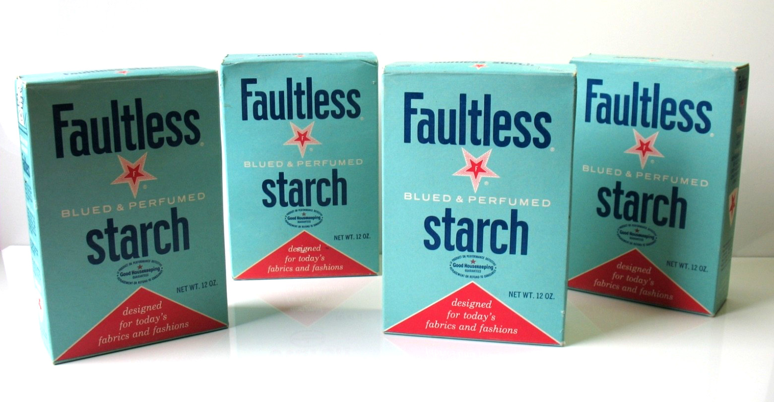 4 VTG FAULTLESS Starch Boxes NEW Old Stock 12 oz Each Laundry Cleaning Powder
