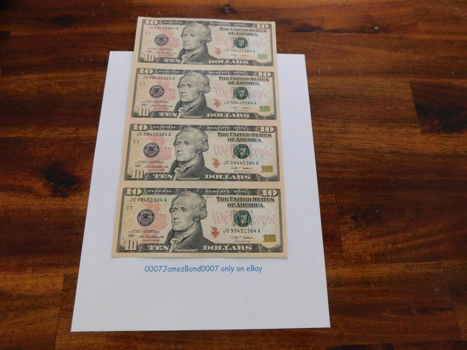 UNCUT SHEET OF (4) U.S. $10 DOLLAR BILLS SERIES YEAR 2009 BRAND NEW, ITEM #595.
