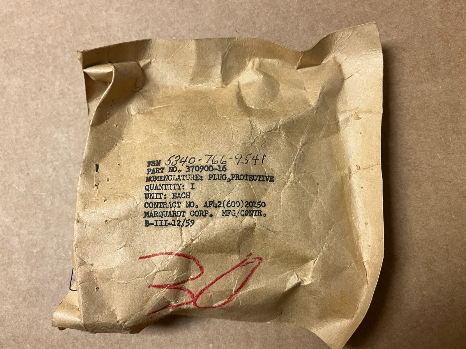 Marquardt Corp Protective Plug P/N 370900-16
